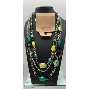 NWT Ruby Rd Silver Tone Teal & Yellow Shell & Beaded Cord & Chain Necklace